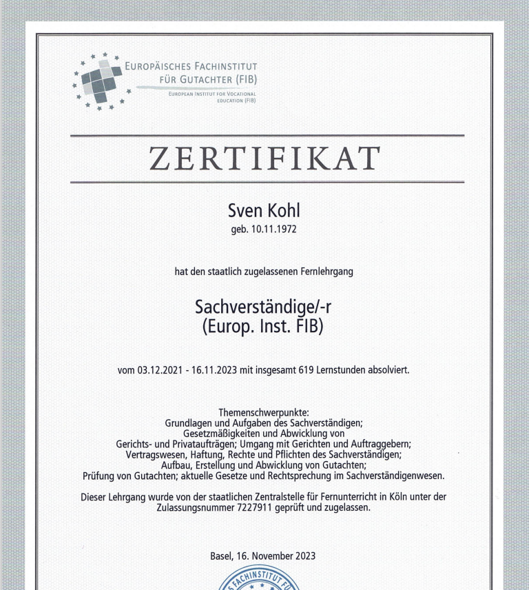 Zertifikat Studienabschluss Kfz-Sachverständiger nach DIN EN ISO/IEC 17024